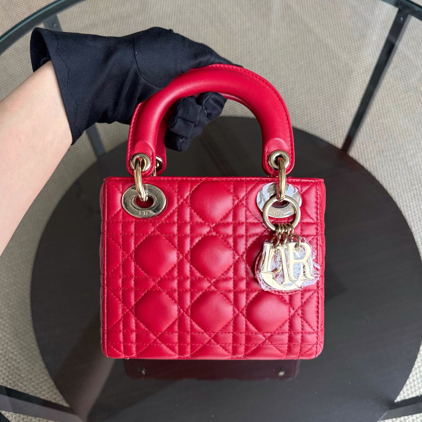 Kovancy Lady Mini - Bandoulière réglable en cuir d'agneau Cannage rouge et matériel doré