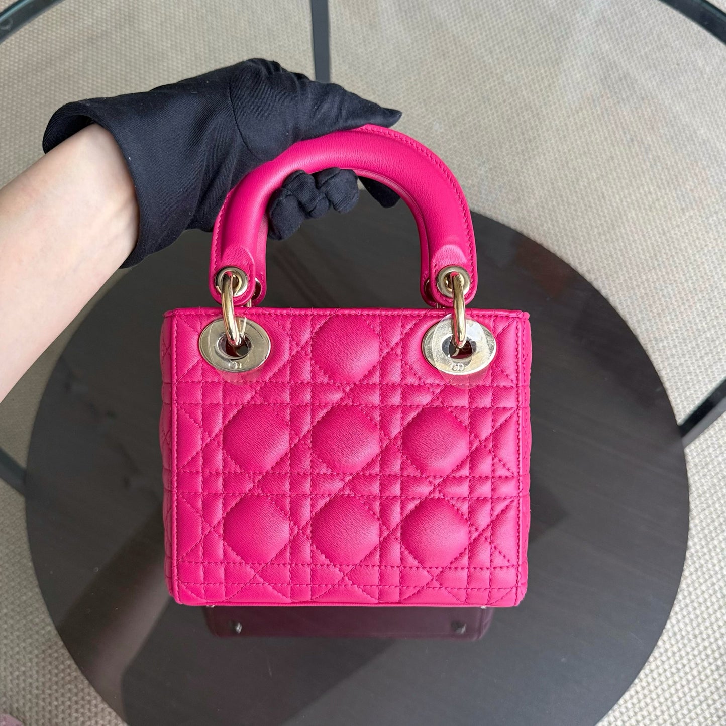 Dior Lady Mini - Bright Pink Cannage Lambskin Adjustable Strap with Gold Hardware