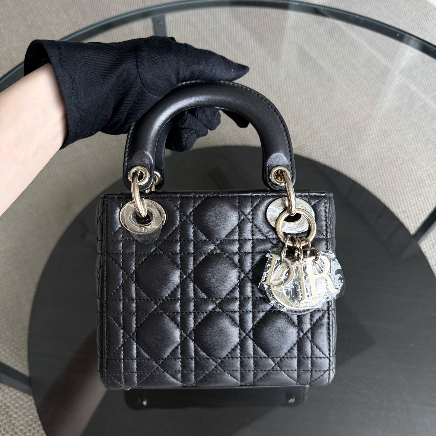 DIO Lady Mini - Dark Grey Cannage Lambskin Chain Strap with Gold Hardware