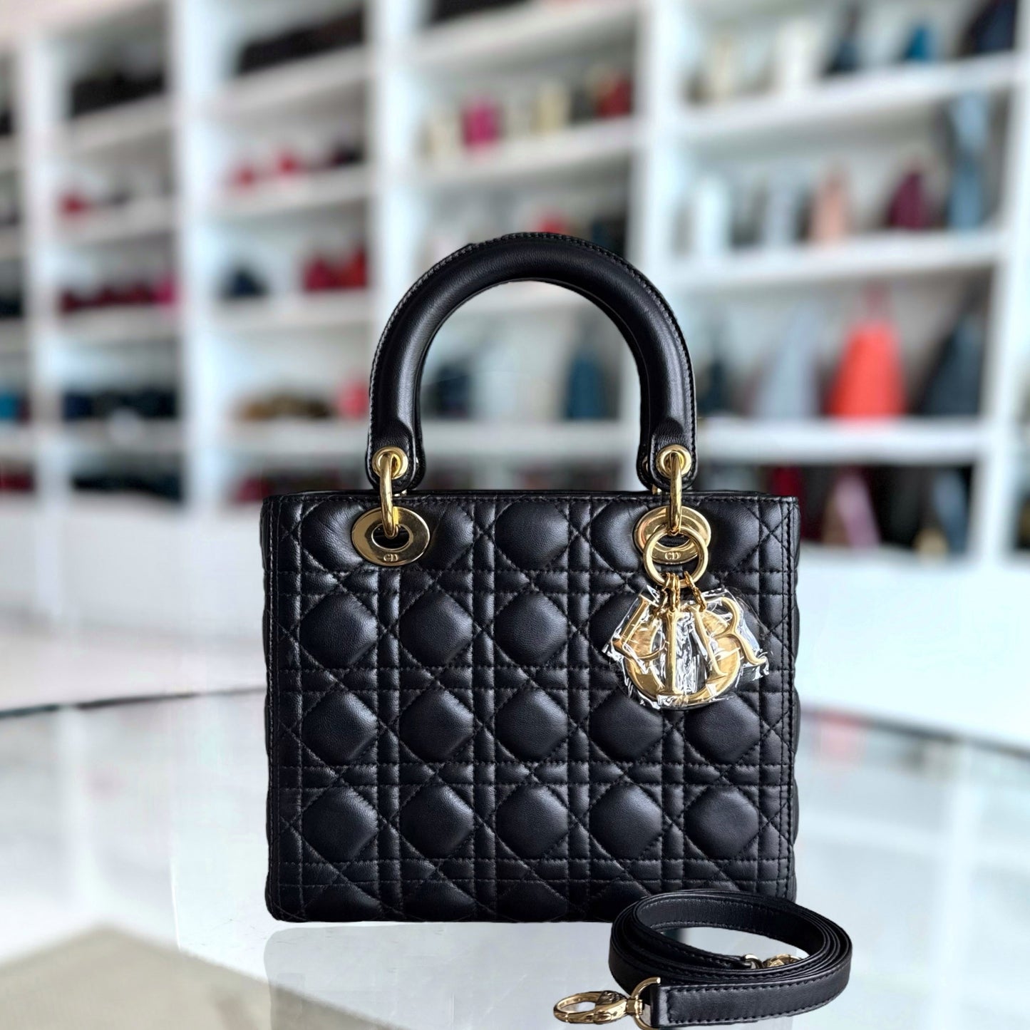 Kovancy Lady Moyen - Cuir d'agneau Cannage noir et matériel doré