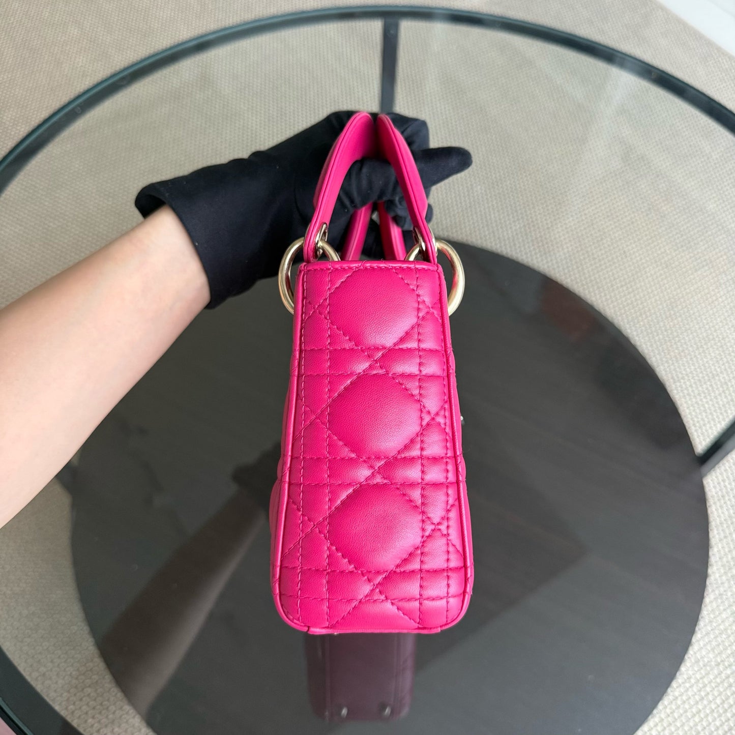 Dior Lady Mini - Bright Pink Cannage Lambskin Adjustable Strap with Gold Hardware