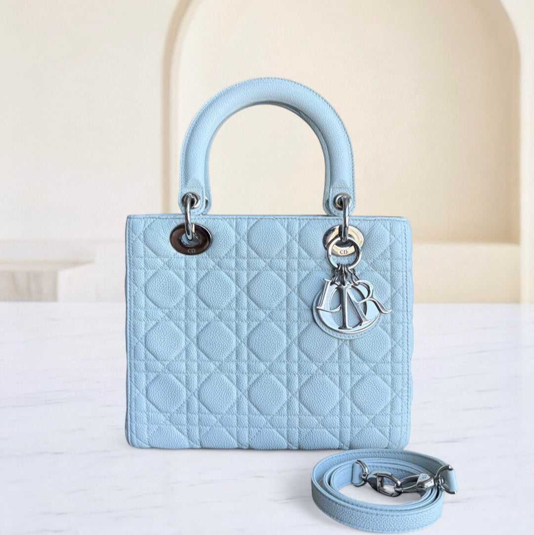 Kovancy Lady Caviar moyen - Cuir de veau grainé Cannage Blanc glacier Bleu glacier Quincaillerie argentée