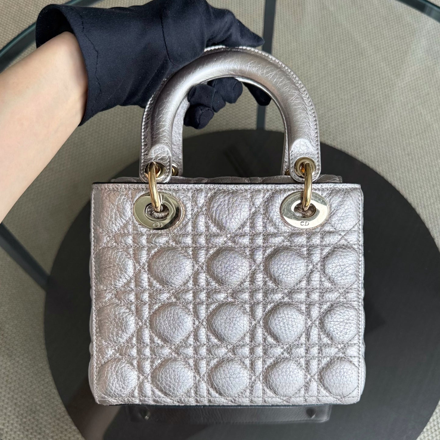 DIO Lady Petite - Cannage Calfskin Rose Gold Metallic Gold Hardware