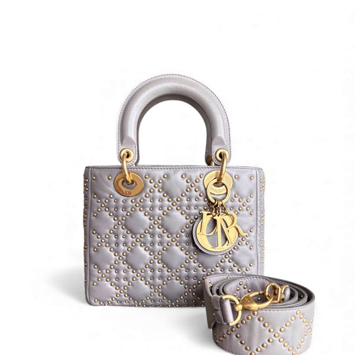 Kovancy Lady Petit - Cuir d'agneau clouté Cannage Gris Gris Quincaillerie dorée