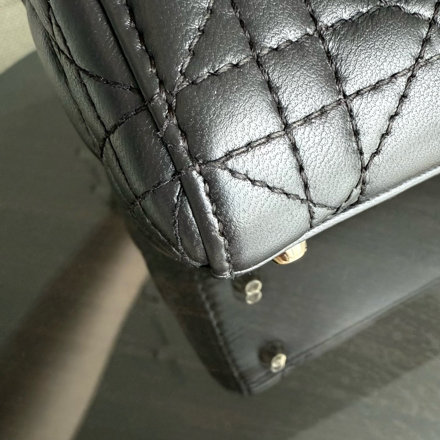DIO Lady Mini - Dark Grey Cannage Lambskin Chain Strap with Gold Hardware