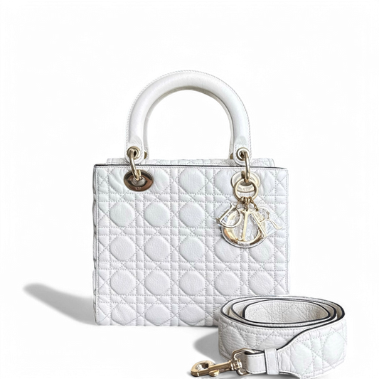 Kovancy Lady Rabat moyen - Cuir de veau Cannage Blanc Quincaillerie en or