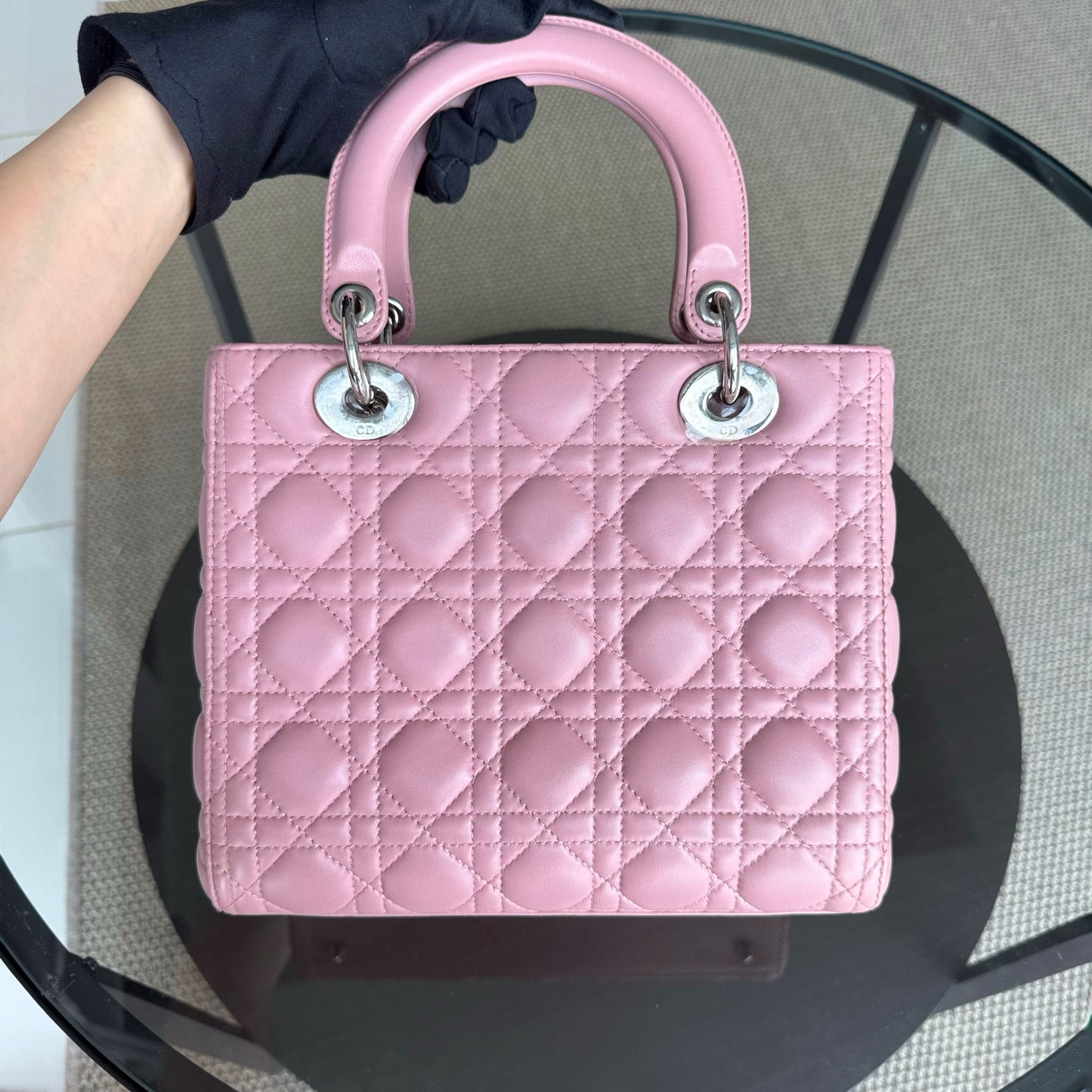 DIO Lady Medium - Pink Cannage lambskin Silver-tone hardware
