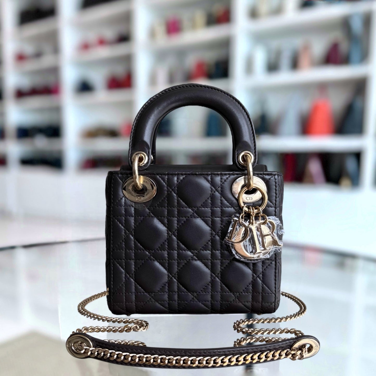 DIO Lady Mini - Dark Grey Cannage Lambskin Chain Strap with Gold Hardware