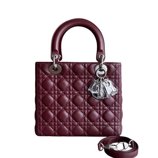 Kovancy Lady Moyen - Cuir d'agneau Cannage bordeaux avec finitions argentées