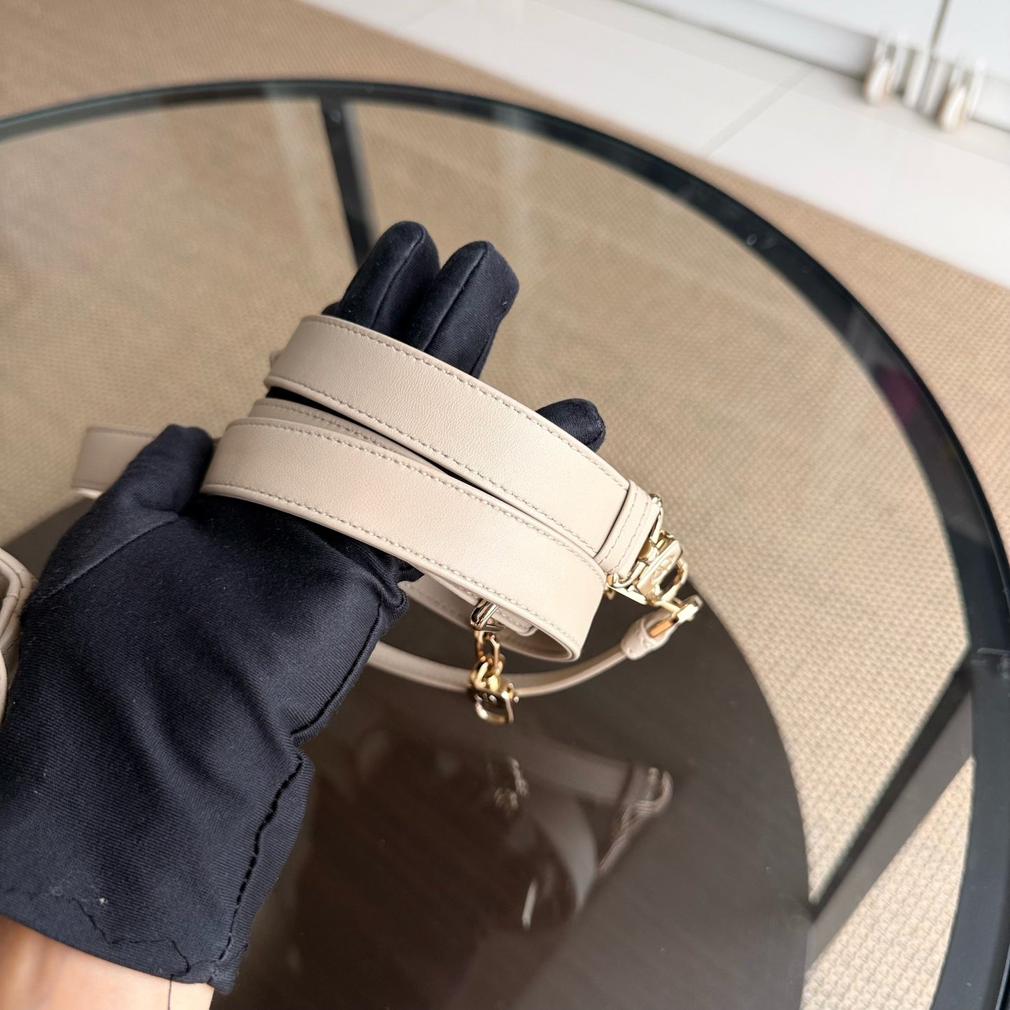 DIO D-Joy Medium Cannage Shoulder Bag in Beige Lambskin with Gold-Tone Hardware