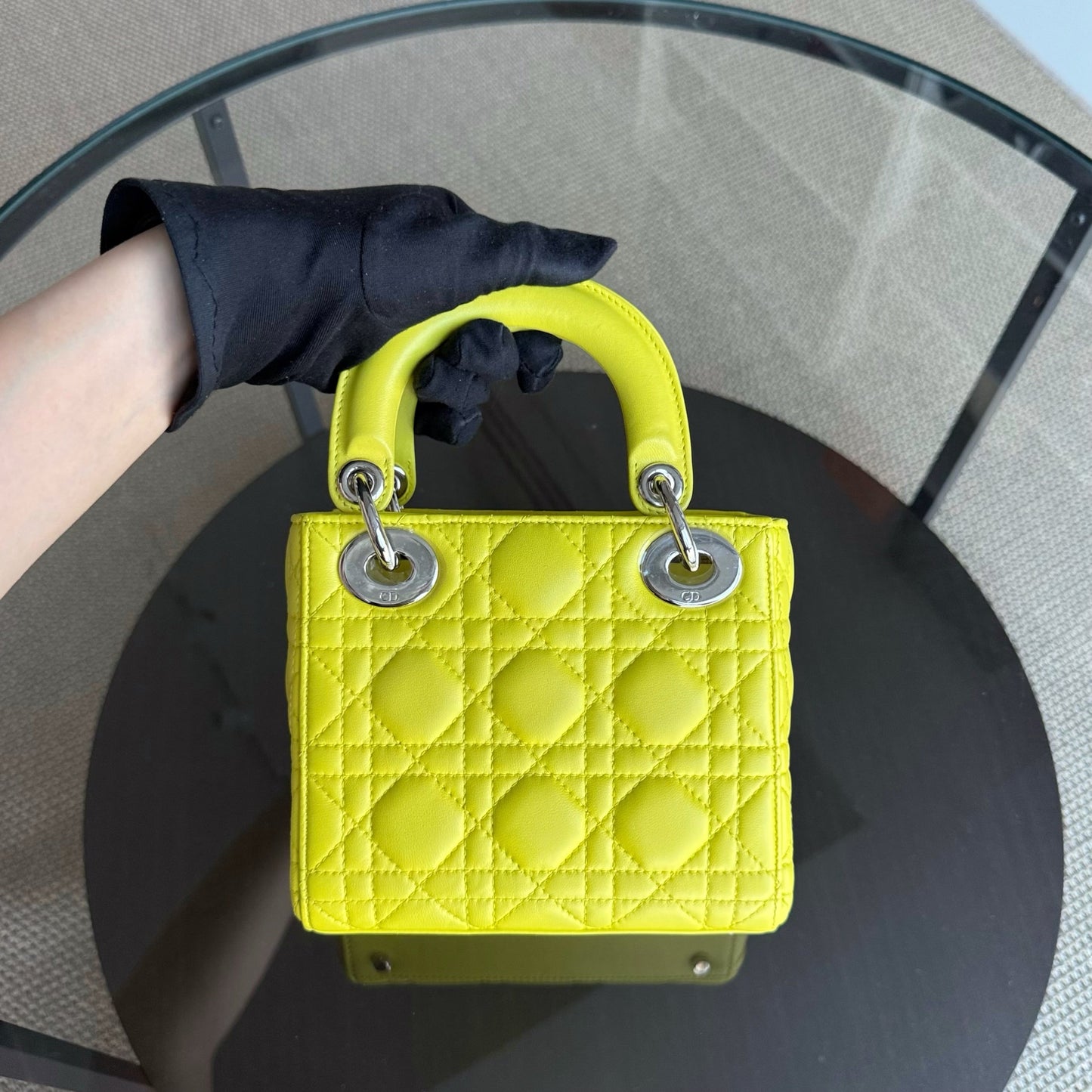 Kovancy Lady Mini - Sangle réglable en cuir d'agneau Cannage jaune et métal argenté