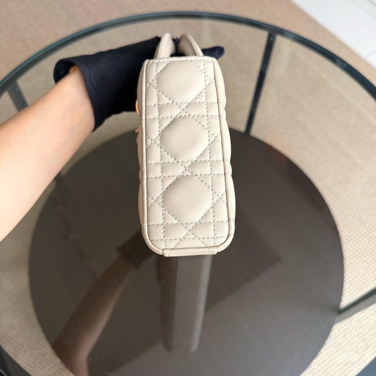 DIO D-Joy Medium Cannage Shoulder Bag in Beige Lambskin with Gold-Tone Hardware