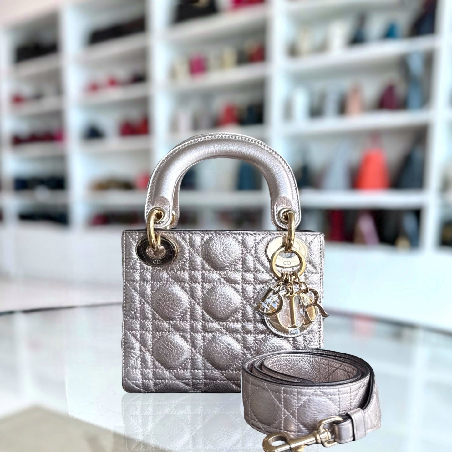 DIO Lady Mini - Rose Gold Metallic Cannage Calfskin