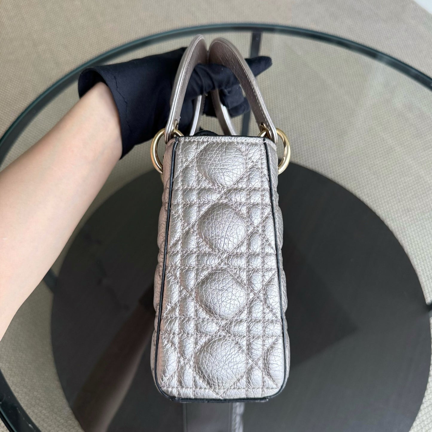 DIO Lady Petite - Cannage Calfskin Rose Gold Metallic Gold Hardware
