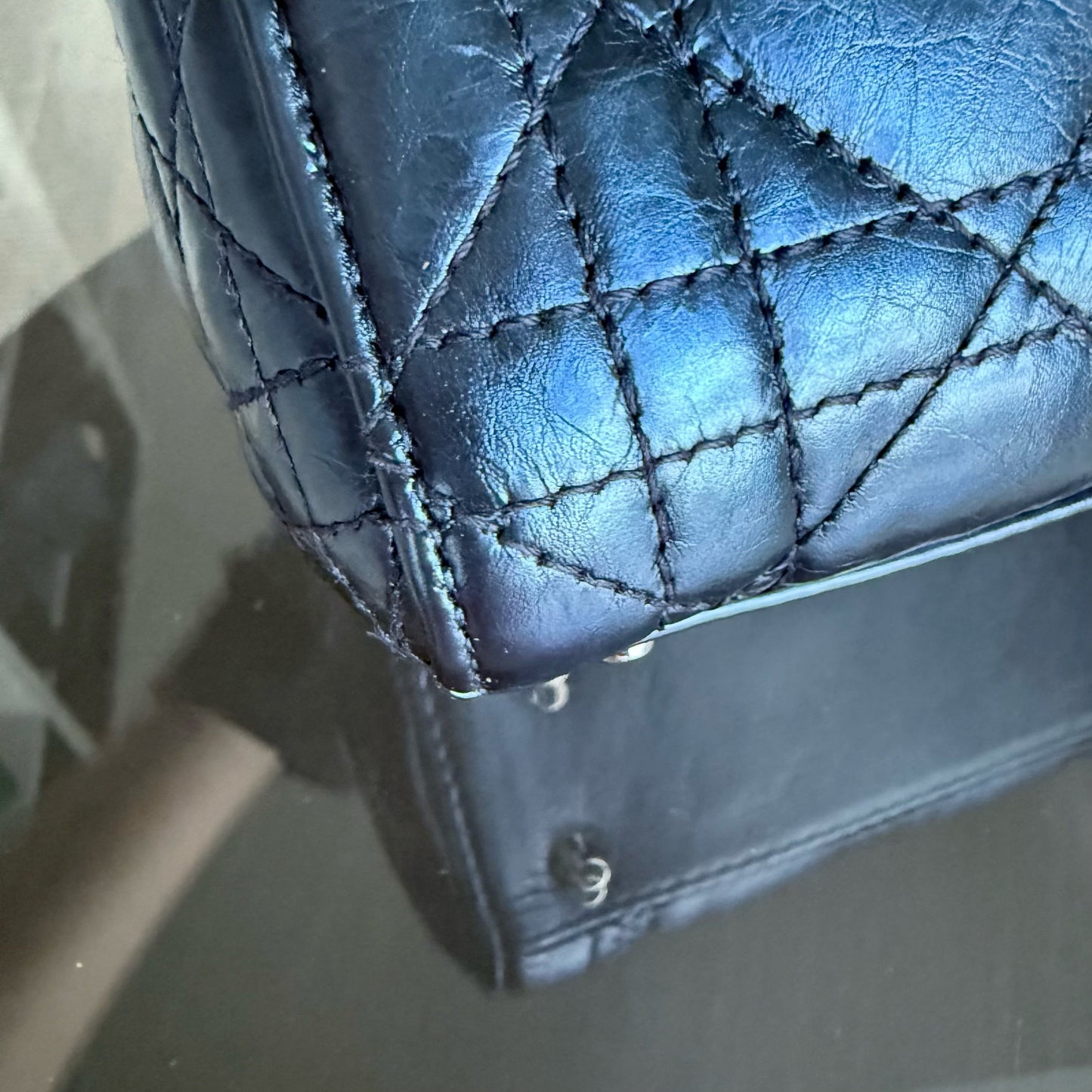 Kovancy Lady Mini - Cuir de veau glacé Cannage bleu métallisé, quincaillerie argentée