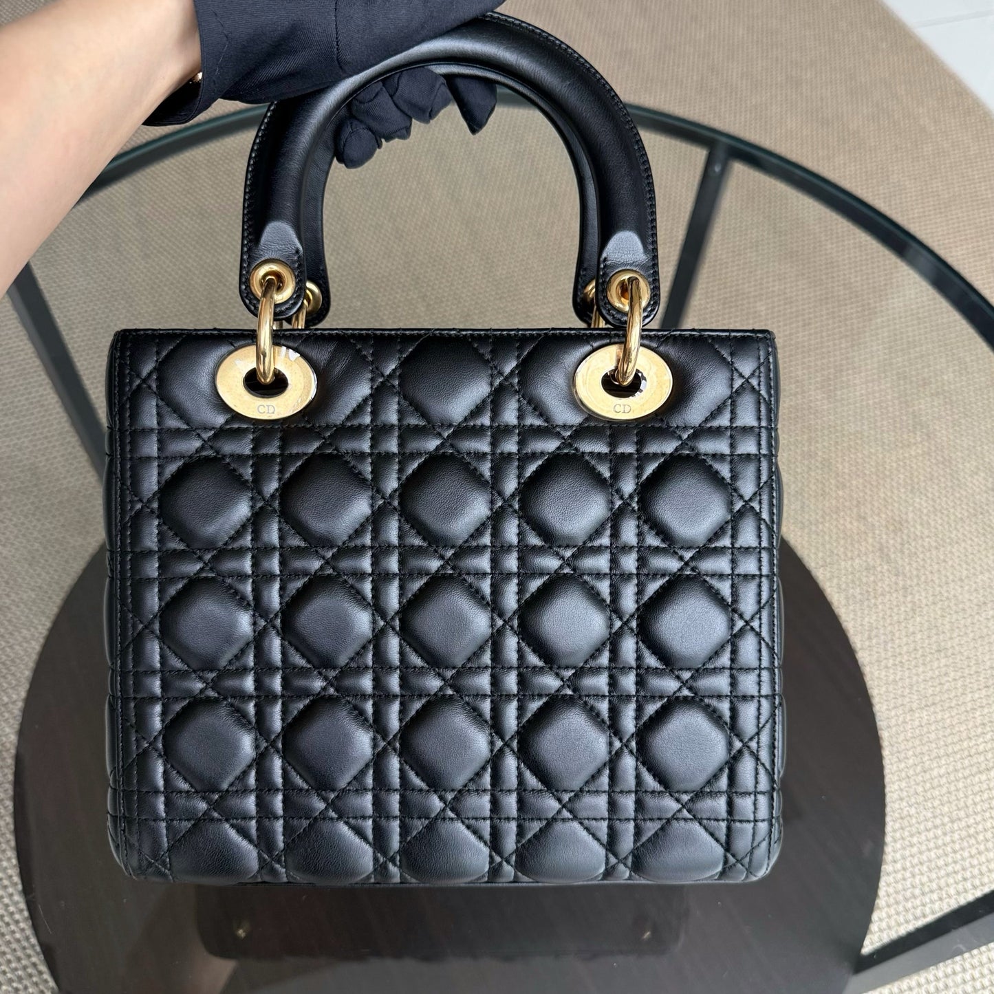 Kovancy Lady Moyen - Cuir d'agneau Cannage noir Quincaillerie dorée SANS SANGLE