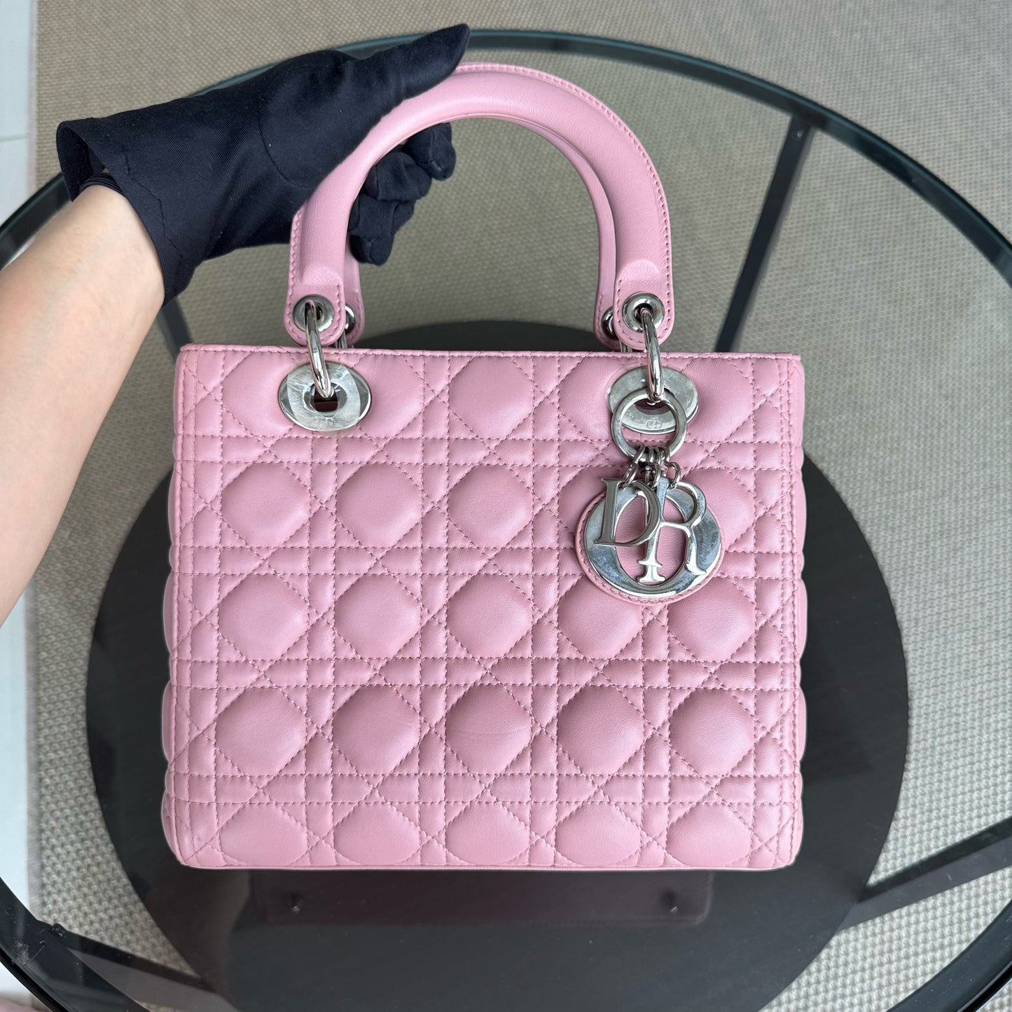 DIO Lady Medium - Pink Cannage lambskin Silver-tone hardware