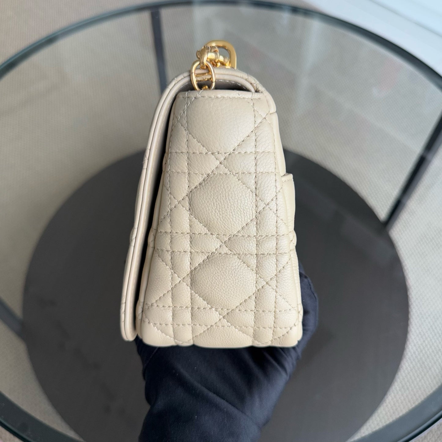 DIO Caro Medium - Beige Cannage Calfskin Gold-tone hardware