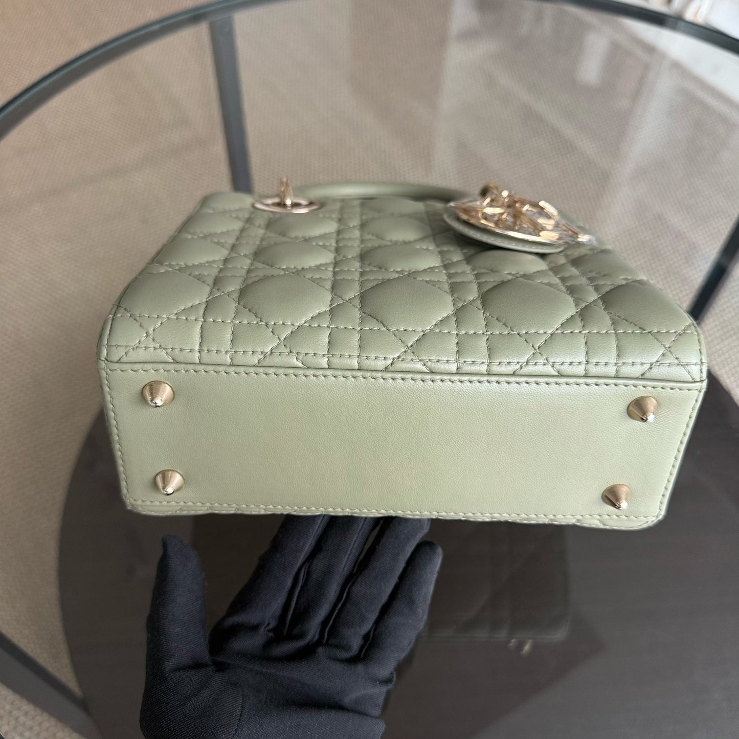 Kovancy Lady Petit - Cuir d'agneau Cannage vert menthe, quincaillerie dorée