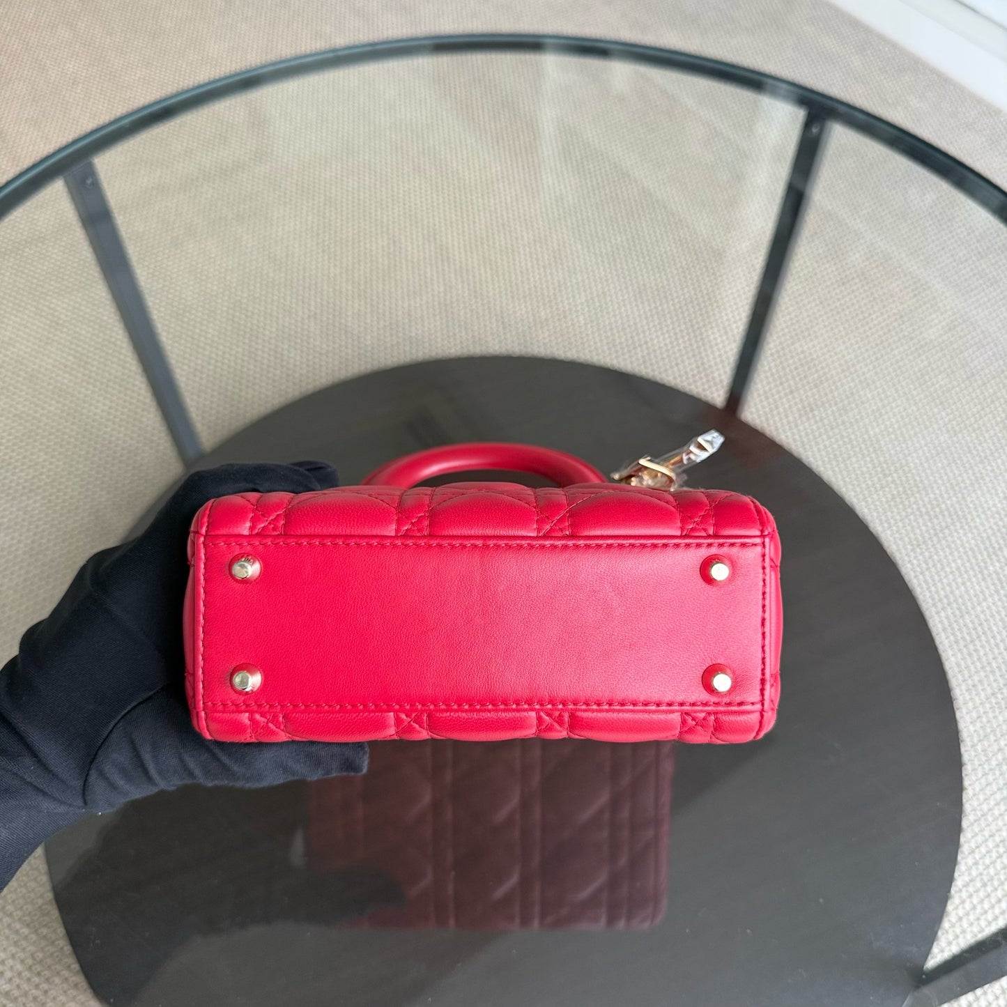 Kovancy Lady Mini - Bandoulière réglable en cuir d'agneau Cannage rouge et matériel doré