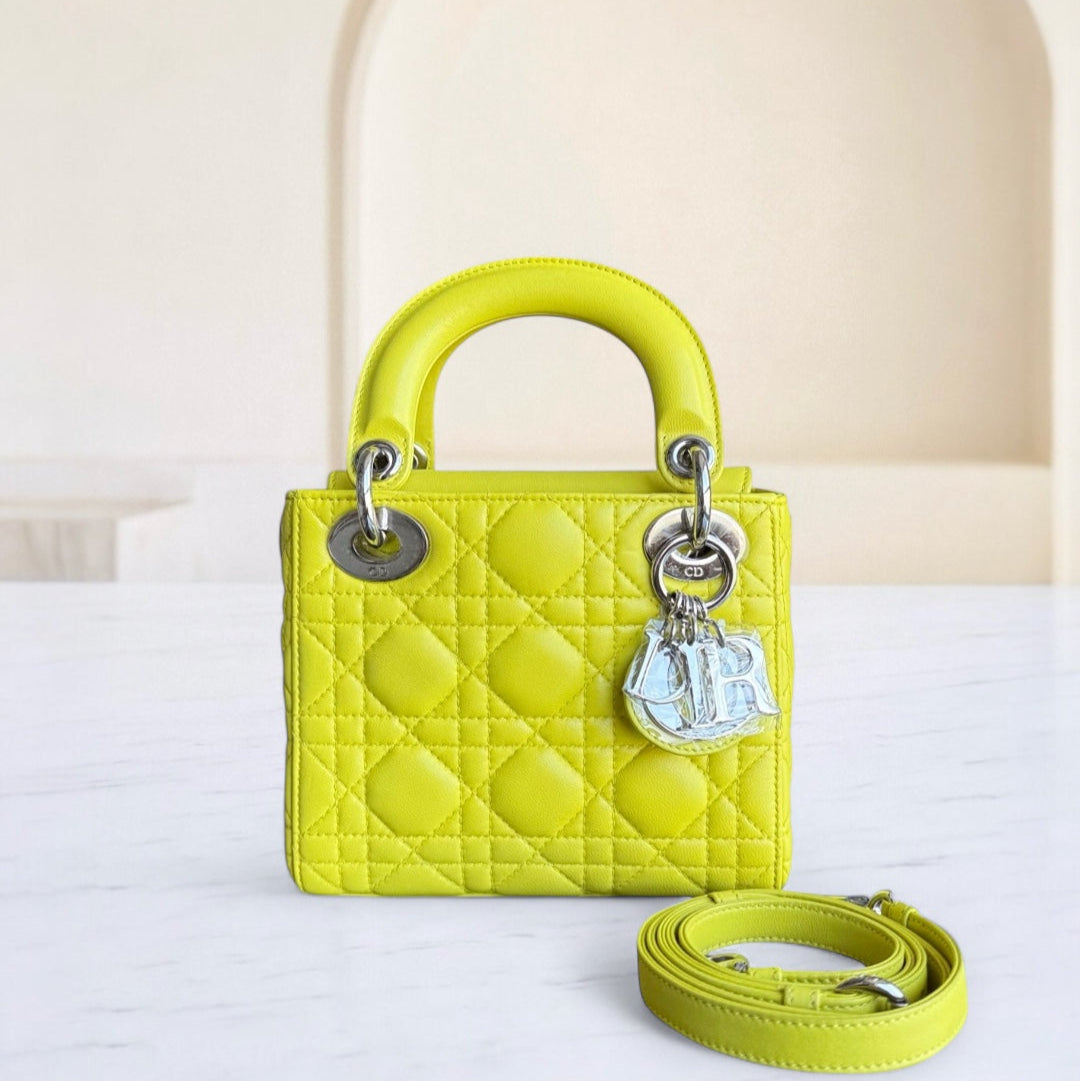 Kovancy Lady Mini - Sangle réglable en cuir d'agneau Cannage jaune et métal argenté