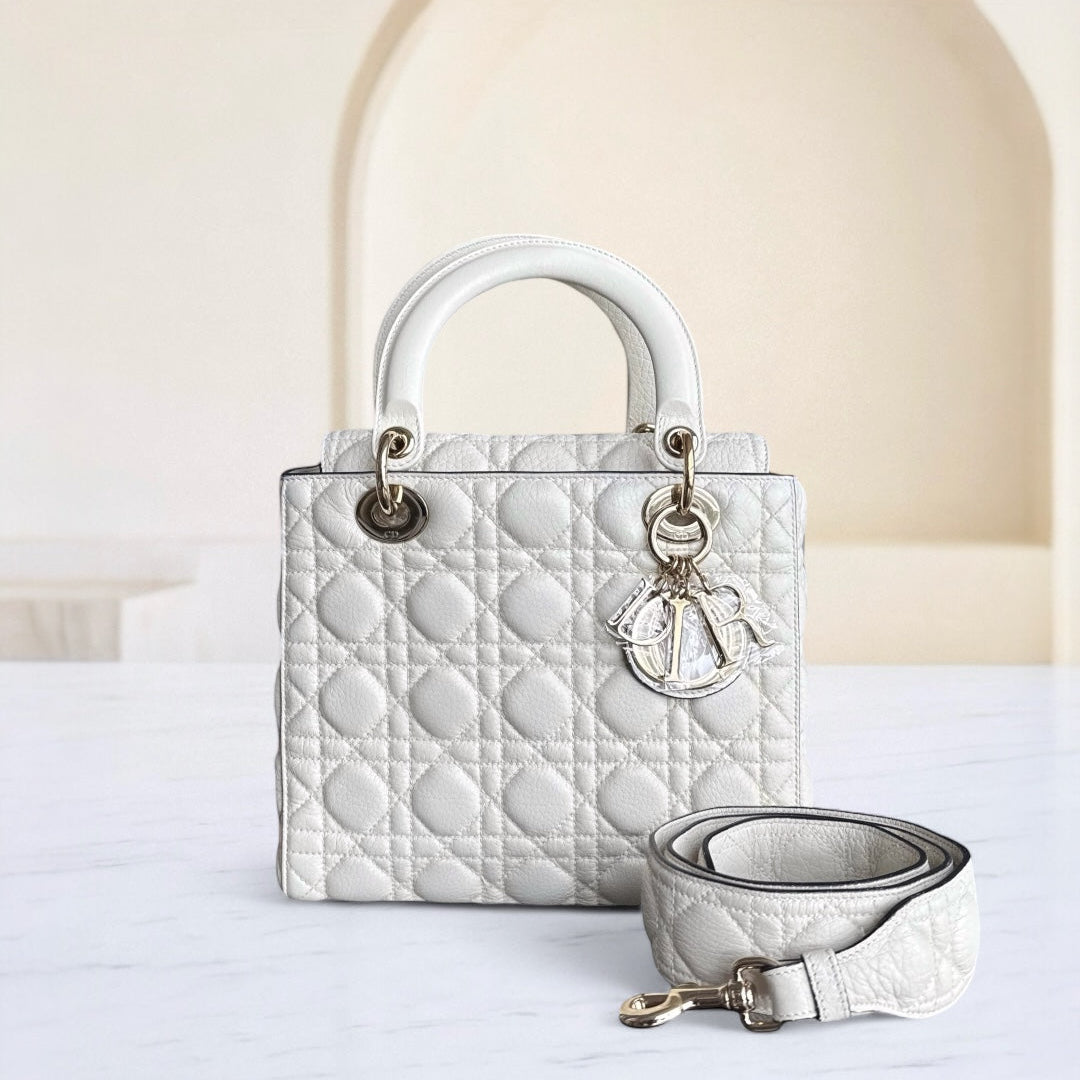Kovancy Lady Rabat moyen - Cuir de veau Cannage Blanc Quincaillerie en or