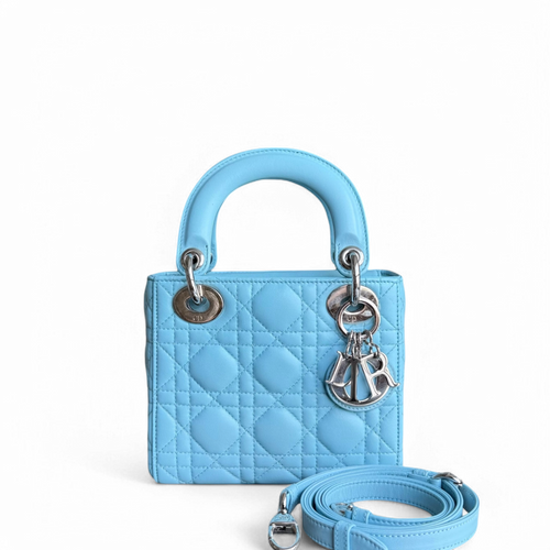 Kovancy Lady Mini - Cannage Agneau Bleu Clair Quincaillerie Argentée Bandoulière Réglable