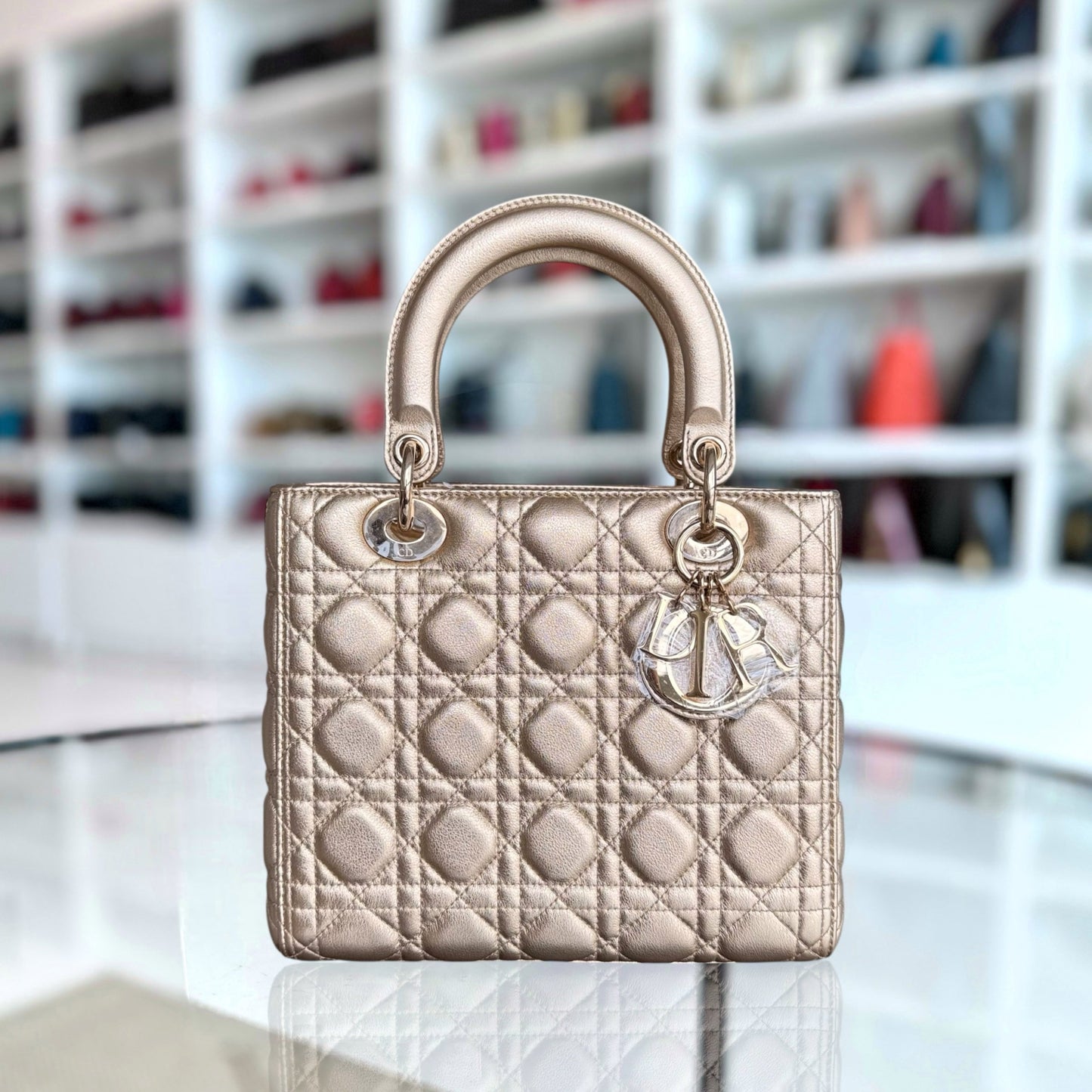 Kovancy Lady Moyen - Cuir de veau doré Cannage, accessoires dorés, sans sangle