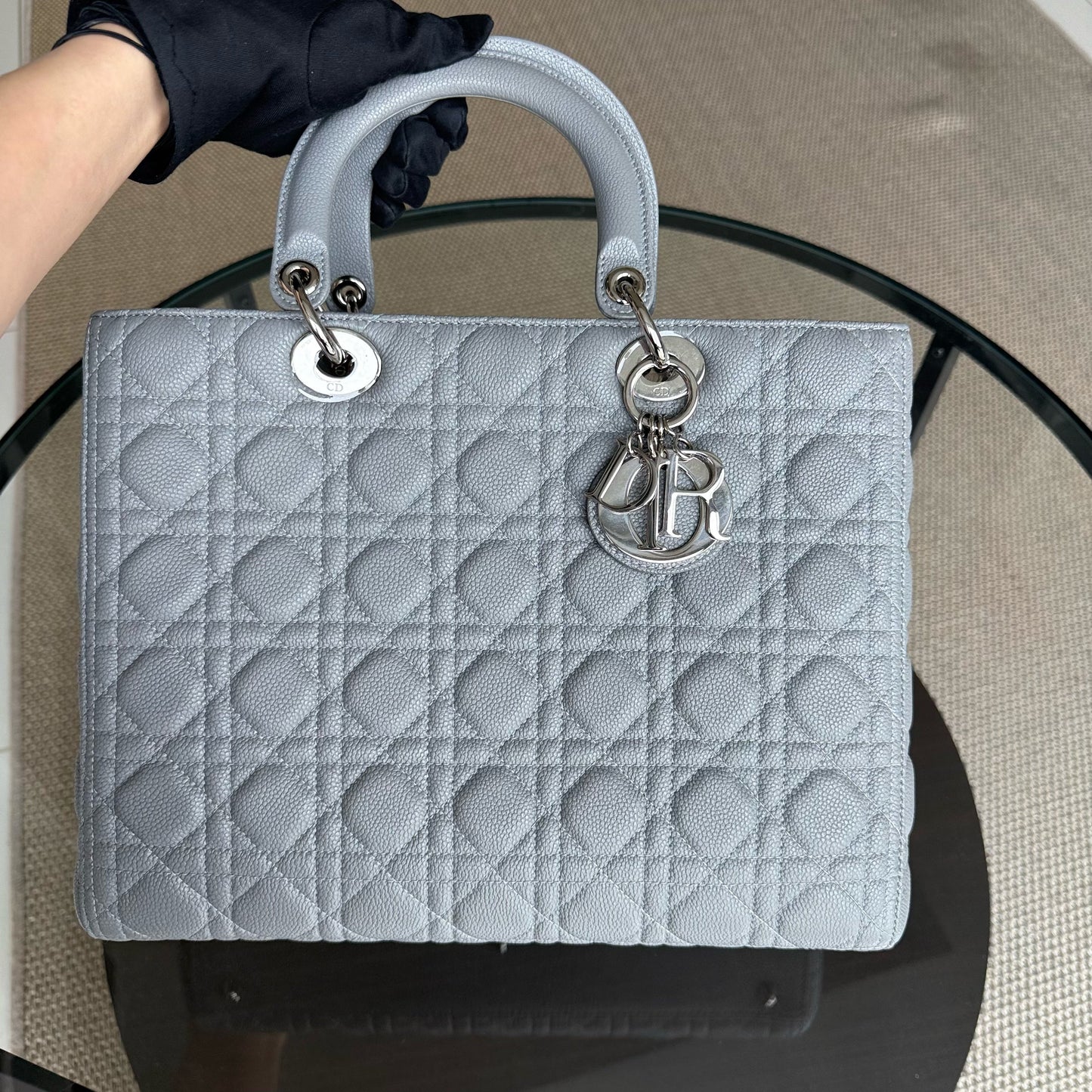 DIO Lady Grand - Gray Caviar Grained Calfskin Cannage Silver-tone hardware