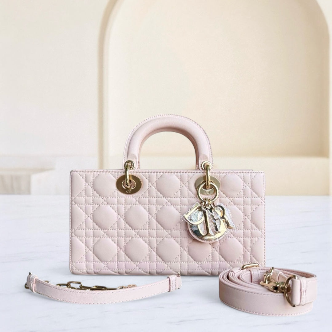 Kovancy D-Joy Medium - Cuir d'agneau Cannage Rose clair Ferrures dorées