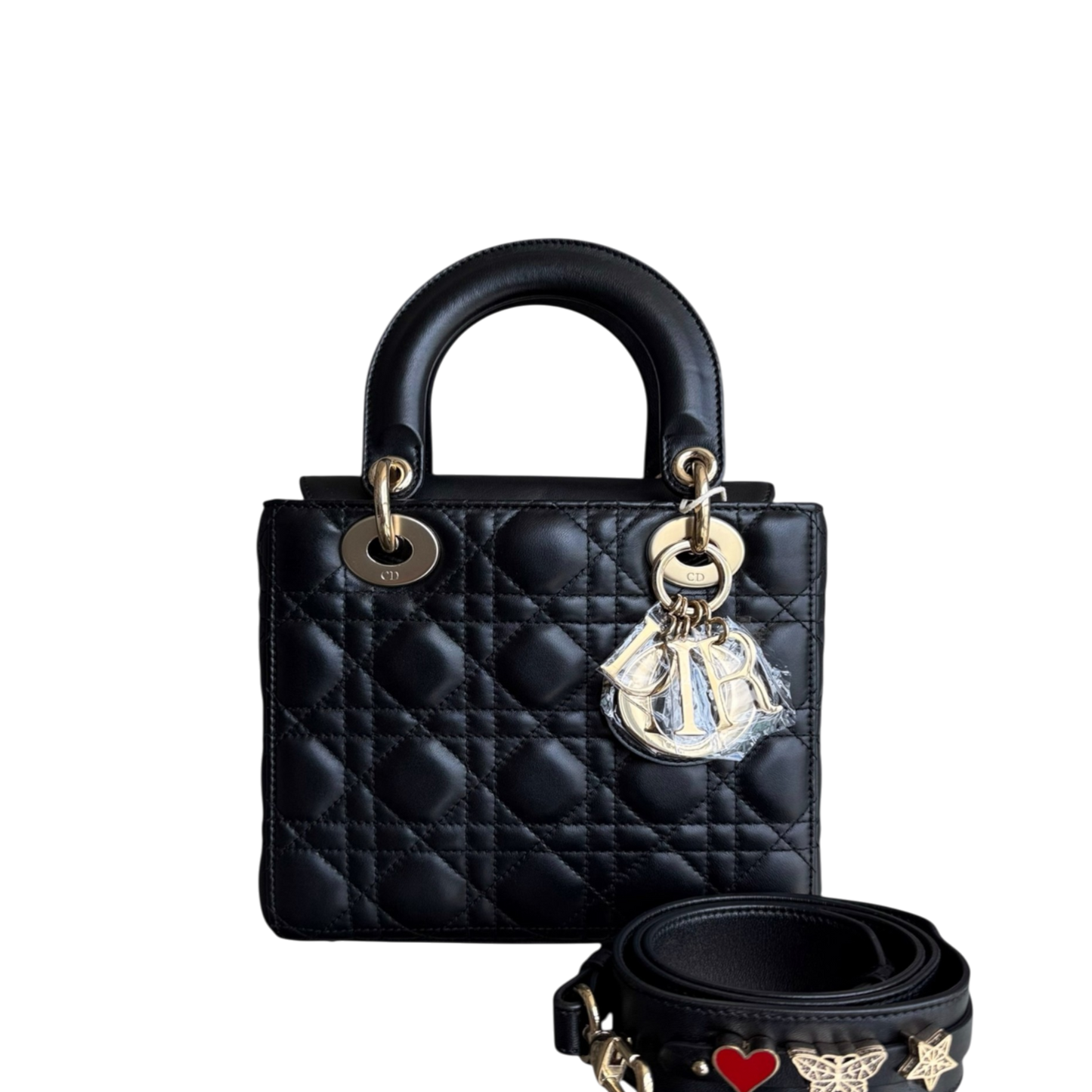 Kovancy Lady Petit rabat MyABC - Breloque ABC en cuir d'agneau Cannage noir et doré