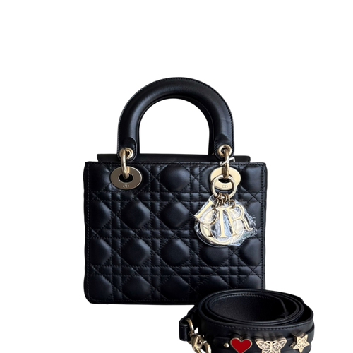 Kovancy Lady Petit rabat MyABC - Breloque ABC en cuir d'agneau Cannage noir et doré