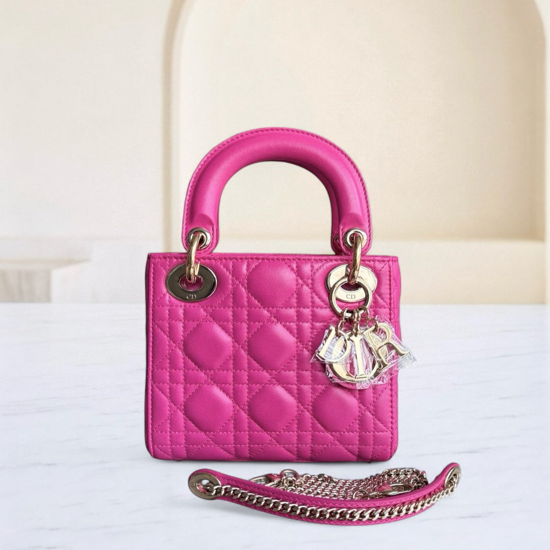 Kovancy Lady Mini - Bandoulière en cuir d'agneau Cannage rose vif avec chaîne et quincaillerie dorée