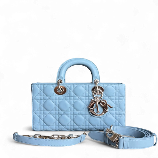 Kovancy D-Joy Medium - Cuir d'agneau Cannage Bleu clair Bleu bébé Ferrures dorées