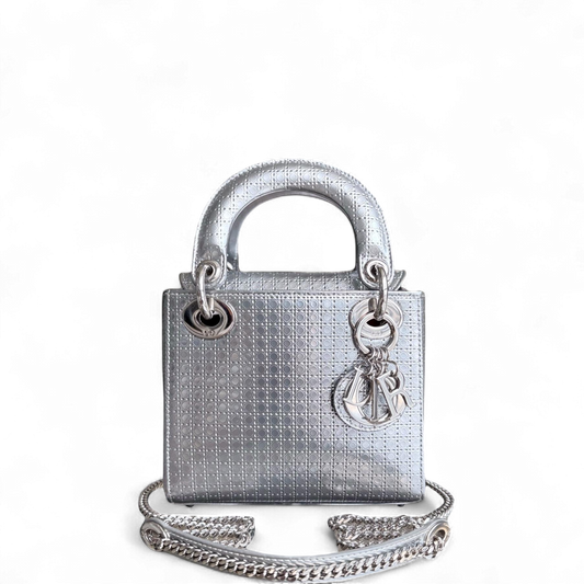 Kovancy Lady Mini - Bandoulière chaîne en cuir de veau métallisé Micro Cannage avec quincaillerie argentée