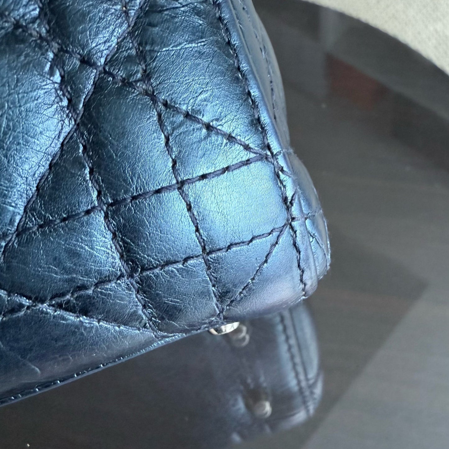Kovancy Lady Mini - Cuir de veau glacé Cannage bleu métallisé, quincaillerie argentée