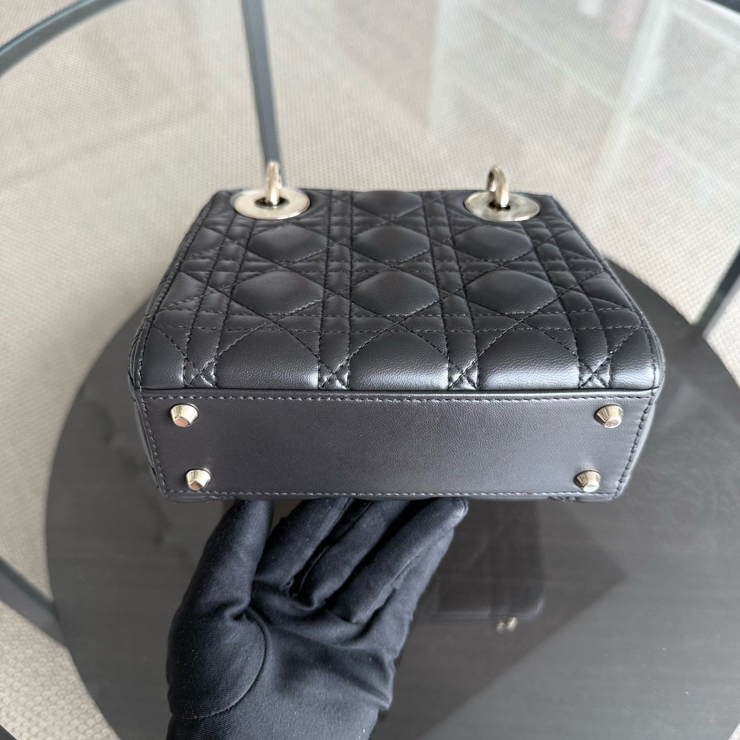 DIO Lady Mini - Dark Grey Cannage Lambskin Chain Strap with Gold Hardware