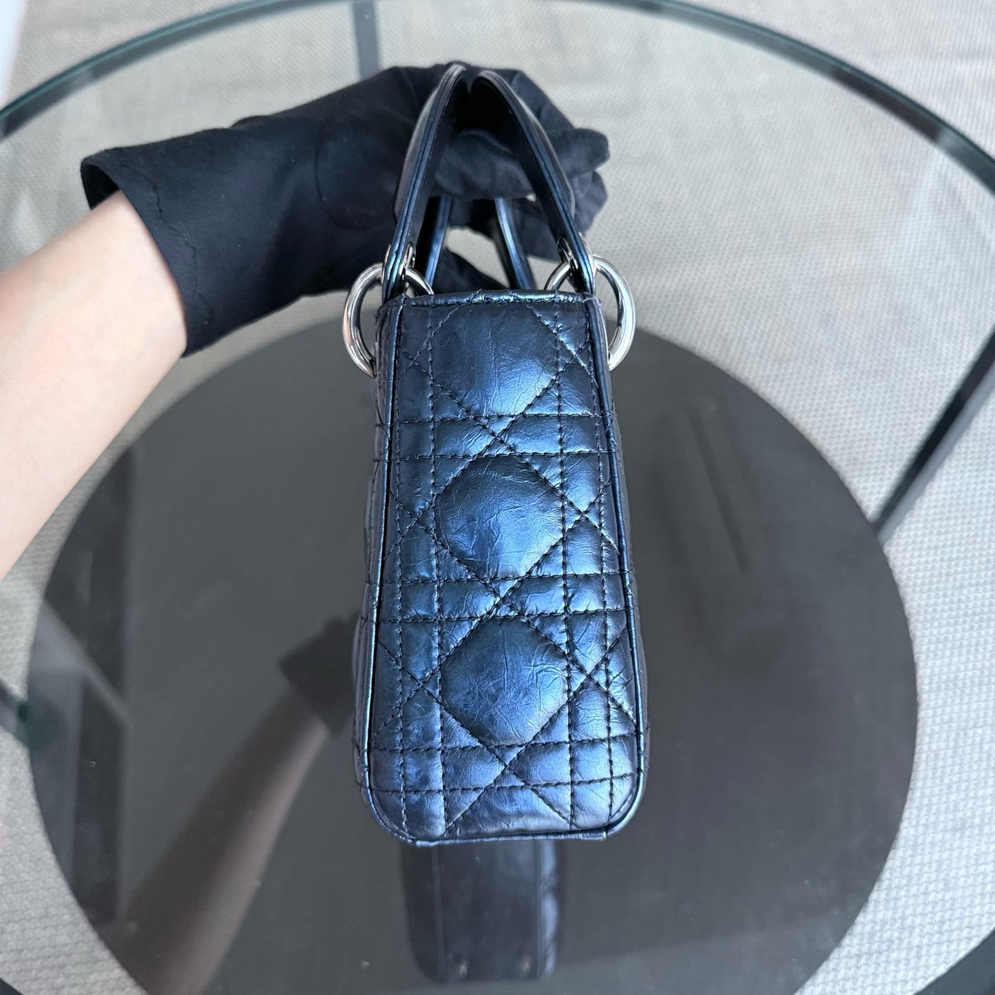Kovancy Lady Mini - Cuir de veau glacé Cannage bleu métallisé, quincaillerie argentée