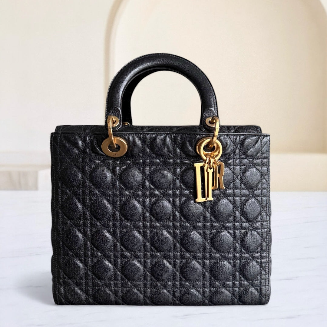Kovancy Lady Grand modèle - Cuir de veau grainé Cannage noir et or, sans bandoulière