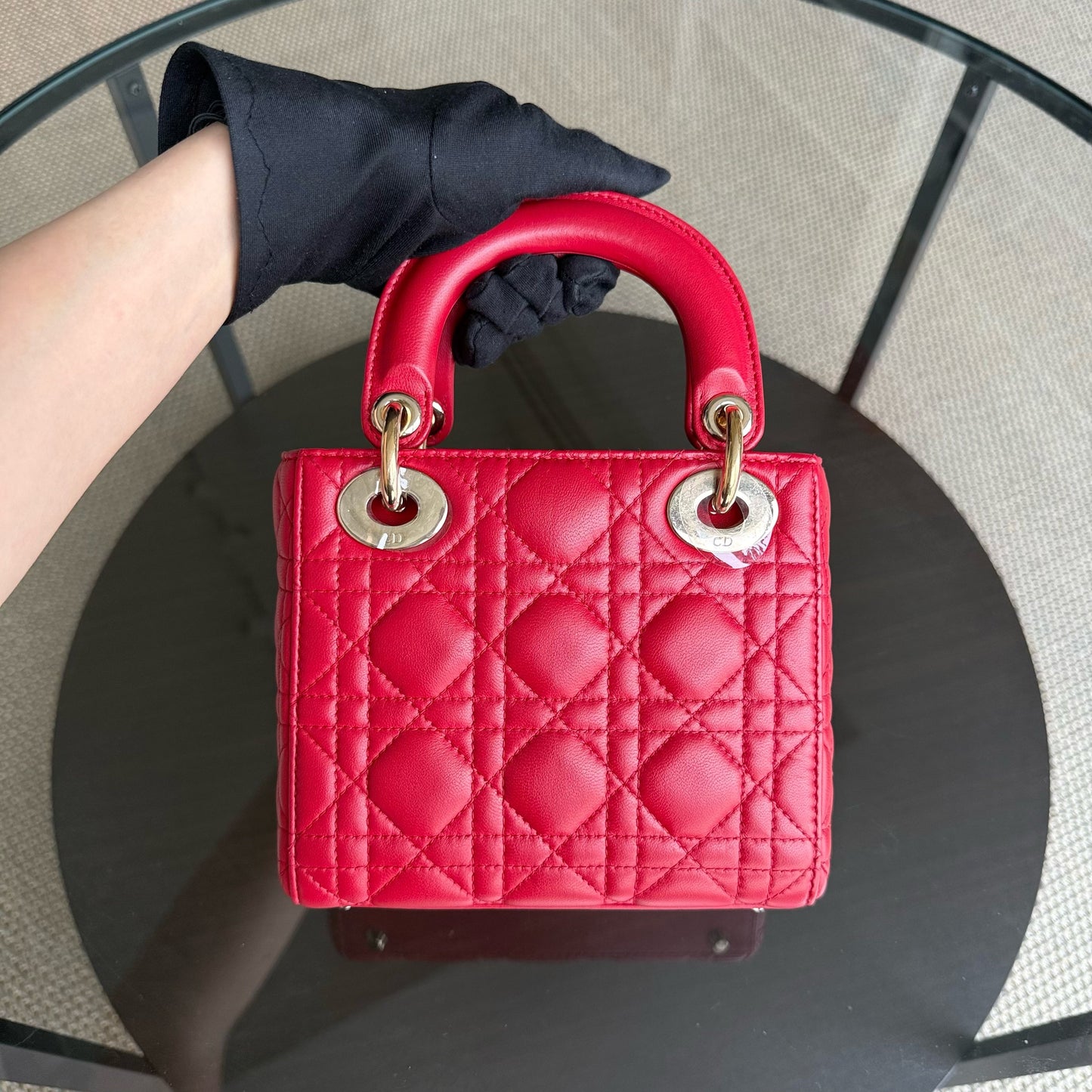 Kovancy Lady Mini - Bandoulière réglable en cuir d'agneau Cannage rouge et matériel doré