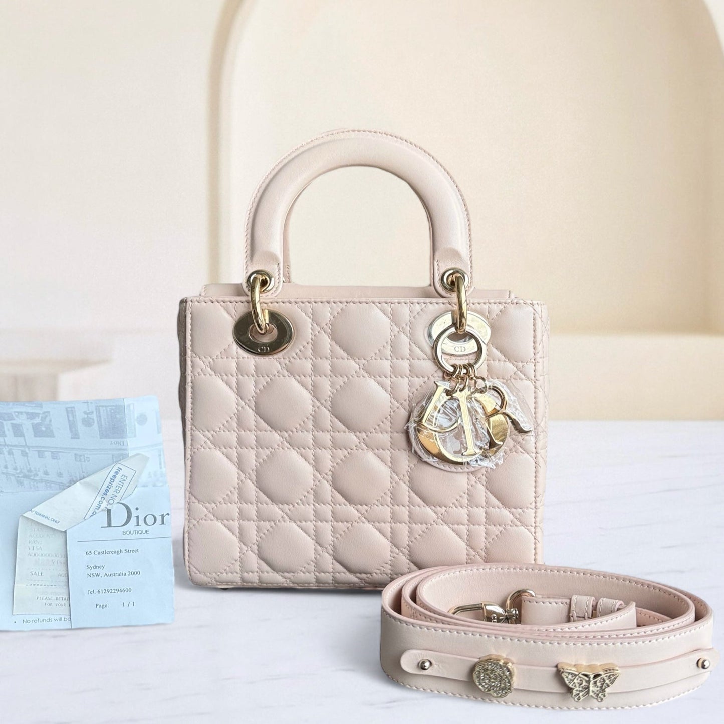 Kovancy Lady Petit rabat ABC - Cuir d'agneau Cannage rose poudré, quincaillerie dorée MyABC