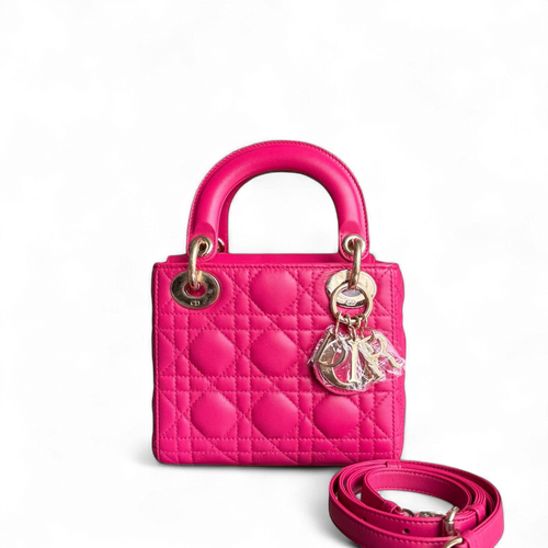 Dior Lady Mini - Bright Pink Cannage Lambskin Adjustable Strap with Gold Hardware