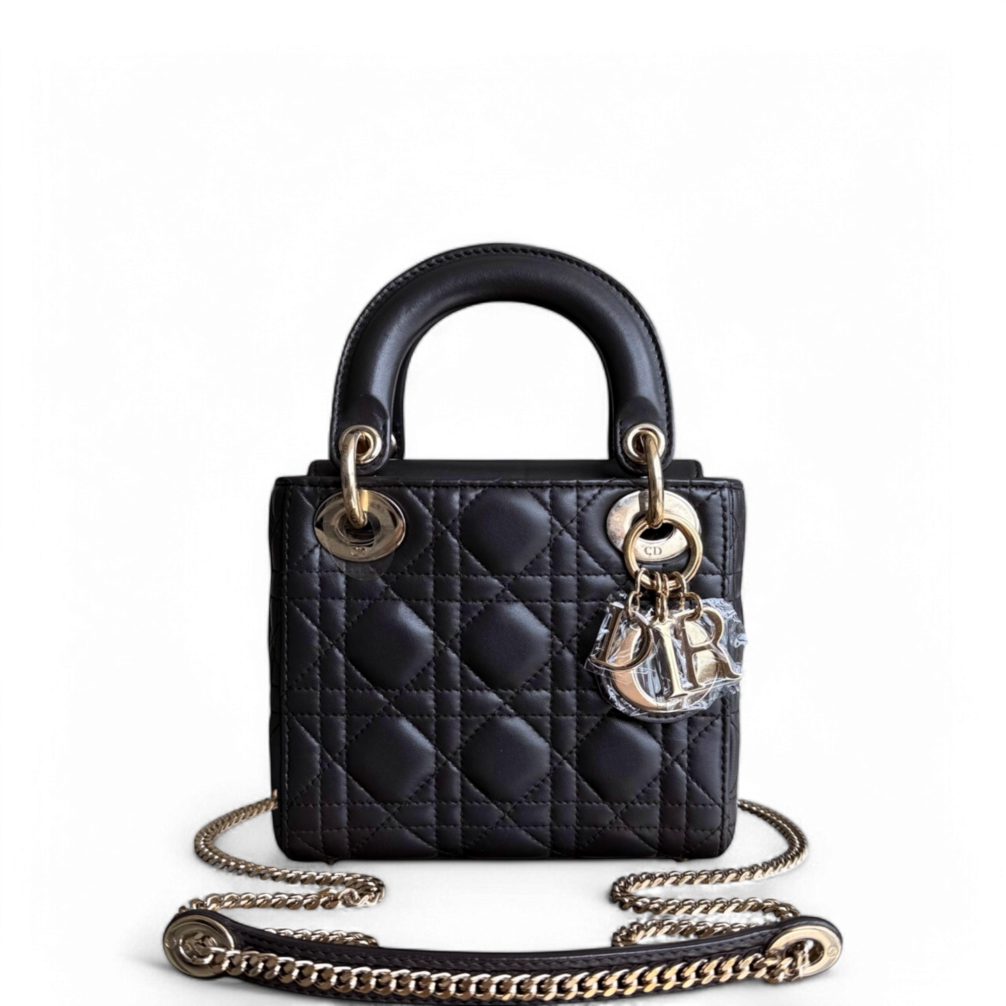 DIO Lady Mini - Dark Grey Cannage Lambskin Chain Strap with Gold Hardware