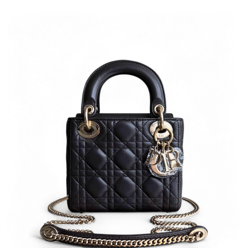 DIO Lady Mini - Dark Grey Cannage Lambskin Chain Strap with Gold Hardware