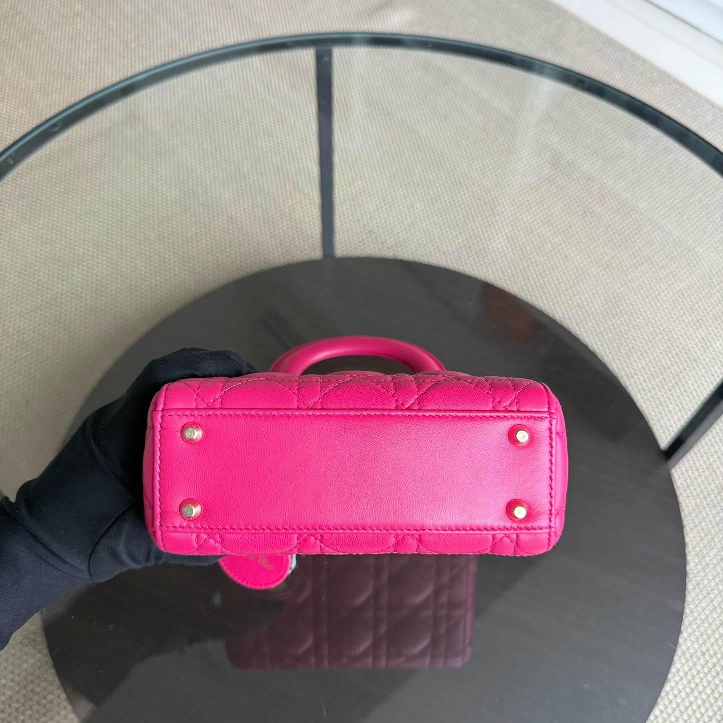 Dior Lady Mini - Bright Pink Cannage Lambskin Adjustable Strap with Gold Hardware