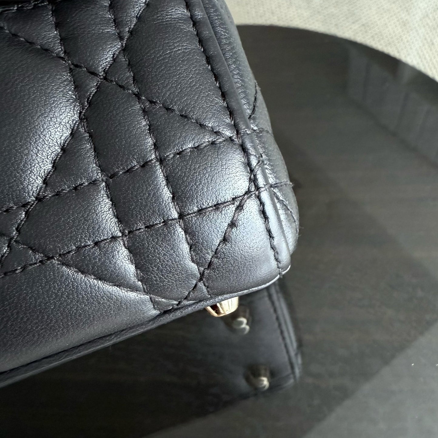 DIO Lady Mini - Dark Grey Cannage Lambskin Chain Strap with Gold Hardware