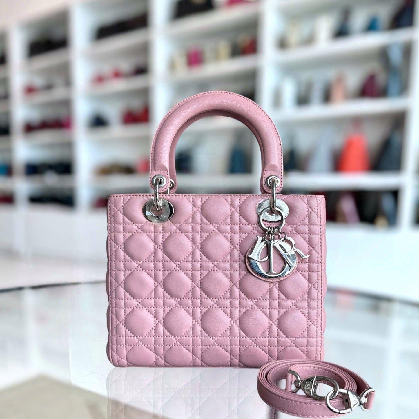 DIO Lady Medium - Pink Cannage lambskin Silver-tone hardware