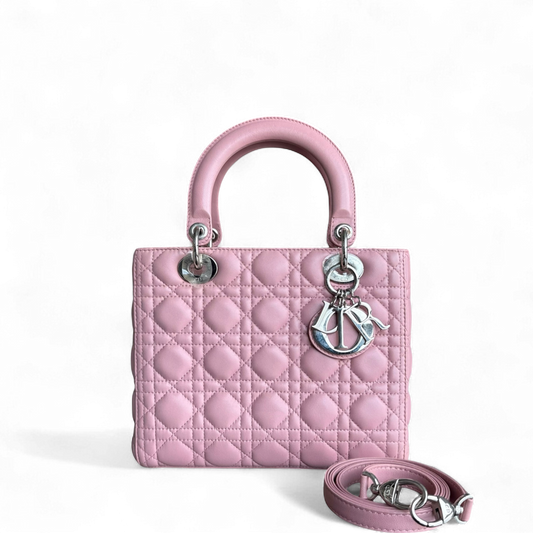 Kovancy Lady Medium - Cuir d'agneau Cannage rose Quincaillerie argentée