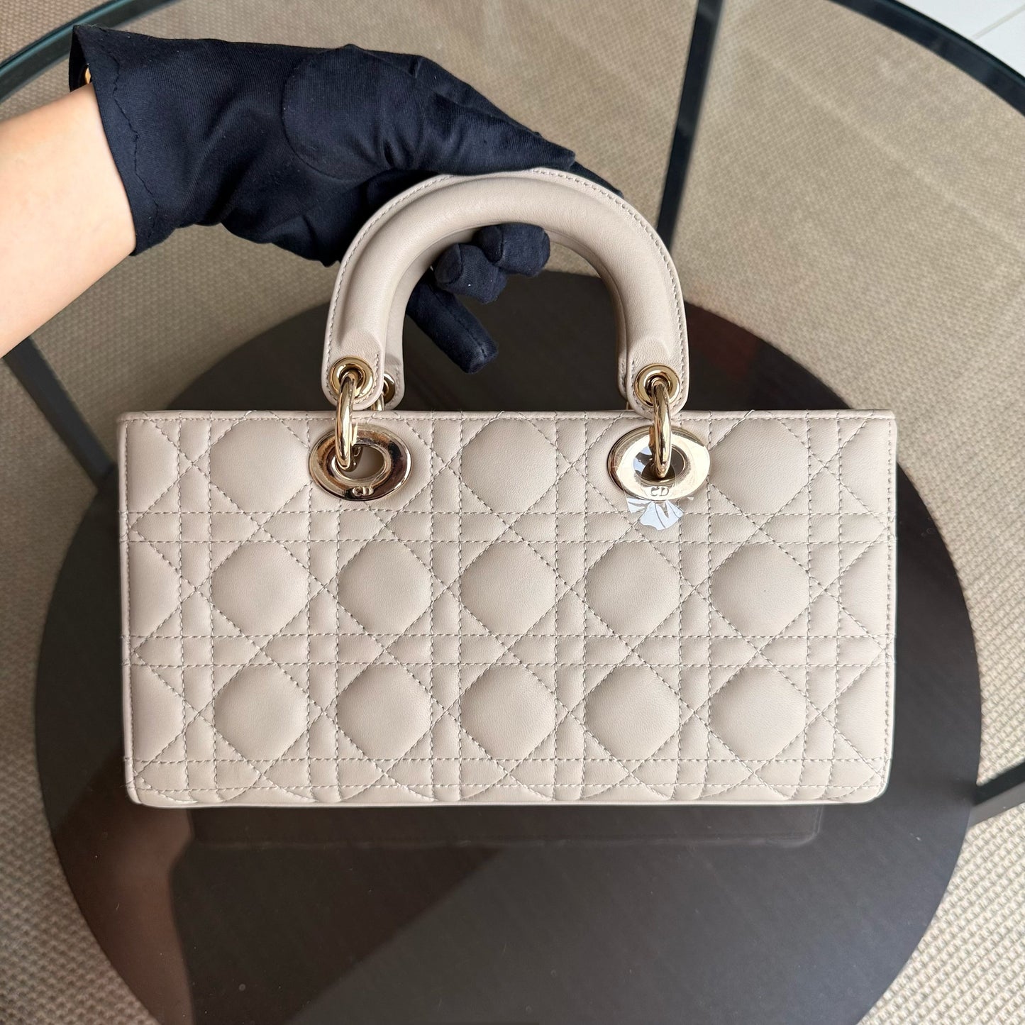 DIO D-Joy Medium Cannage Shoulder Bag in Beige Lambskin with Gold-Tone Hardware