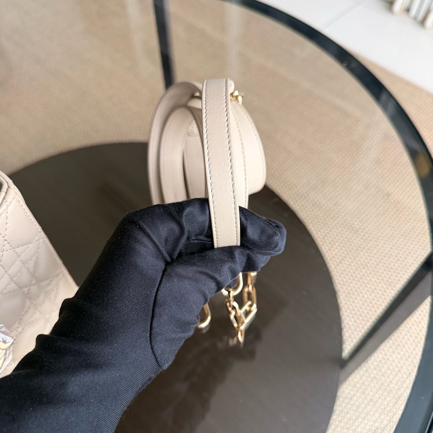 DIO D-Joy Medium Cannage Shoulder Bag in Beige Lambskin with Gold-Tone Hardware